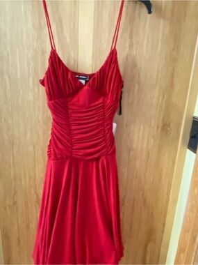 Jodi Kristopher Red Strapless Ruched Evening Dress